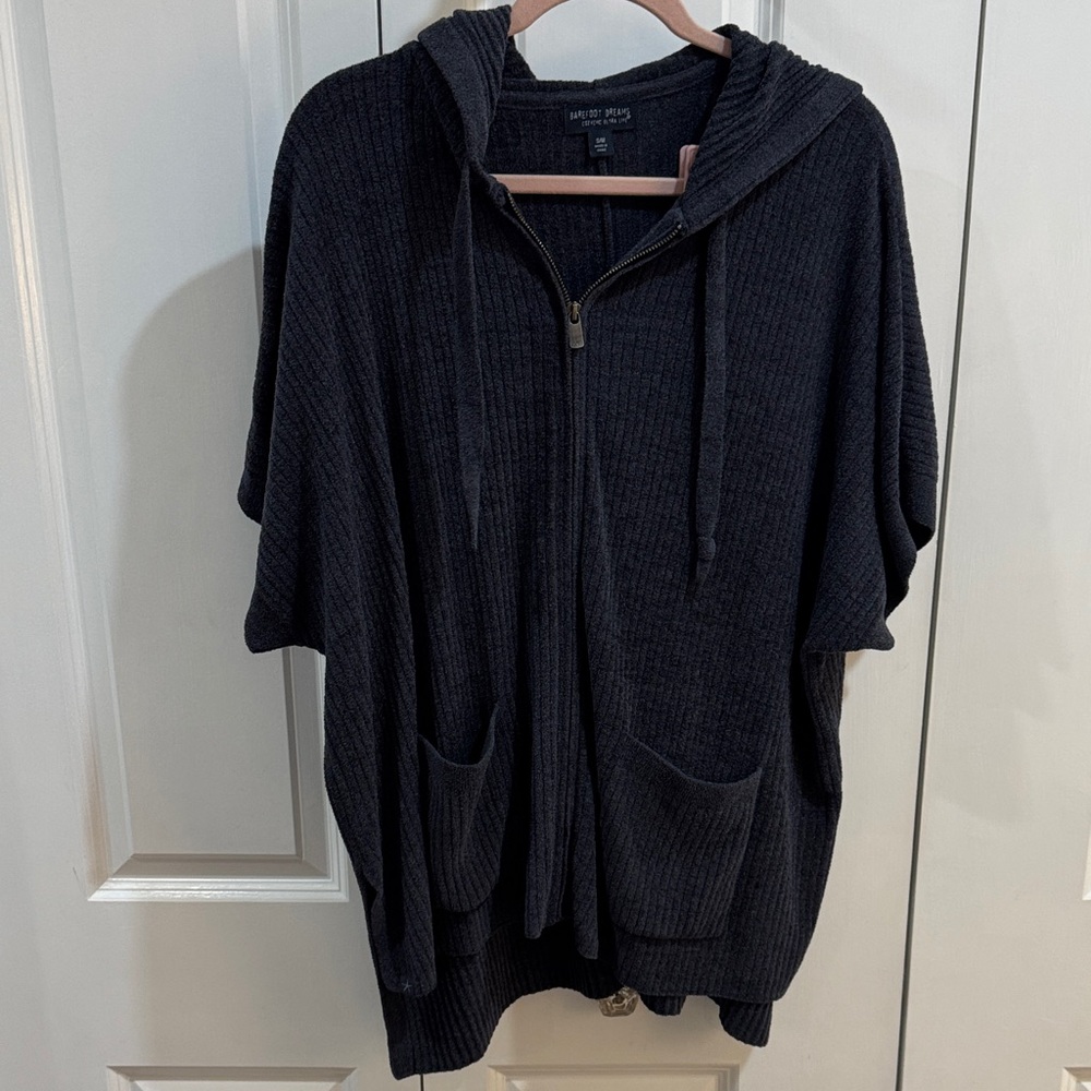 Barefoot Dreams Cozy Chic Ultralite Navy Dark Blue Ribbed hoodie  Zip-Up Sweater